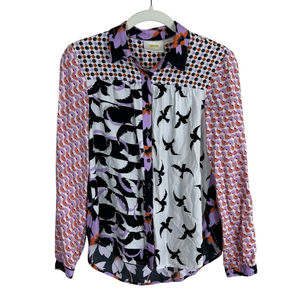 Anthropologie Maeve The Paz Button Down Blouse Size XS Patchwork Bird Novelty - Picture 2 of 7